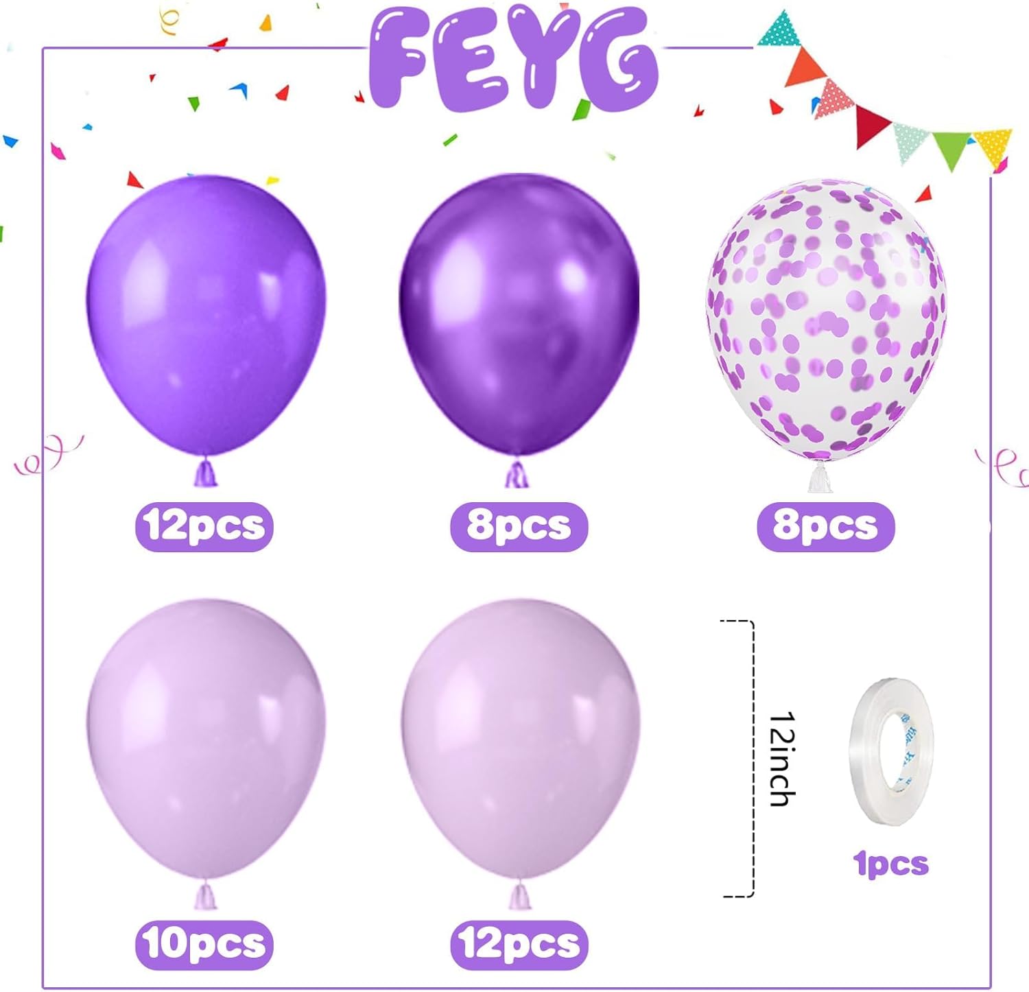Skiennix 12-Inch Pearl Metallic Light Purple Balloons - 50PCS Confetti for Birthday & Wedding Decor