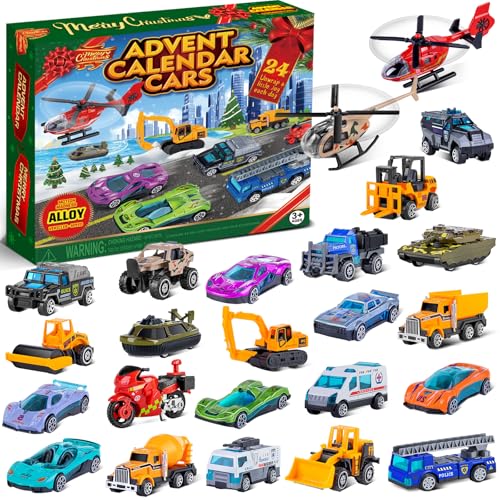 Kids Christmas Advent Calendar with 24 Die-Cast Alloy Toy Cars & Play Map