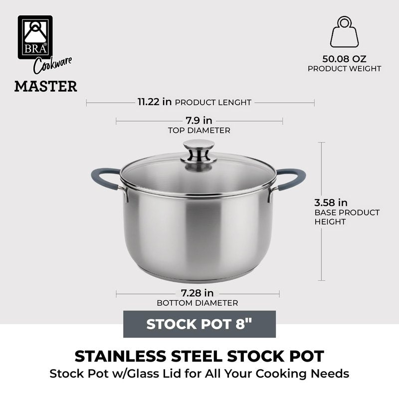 BRA COOKWARE Master Stainless Steel Stock Pot w/Glass Lid | 8 Inch 2.4 Quart Premium 18/10 Cooking Pot | PFAS Free Deep Pot | Silicone Coated Handles | All Cooktops (incl. Induction) | Shiny Finish