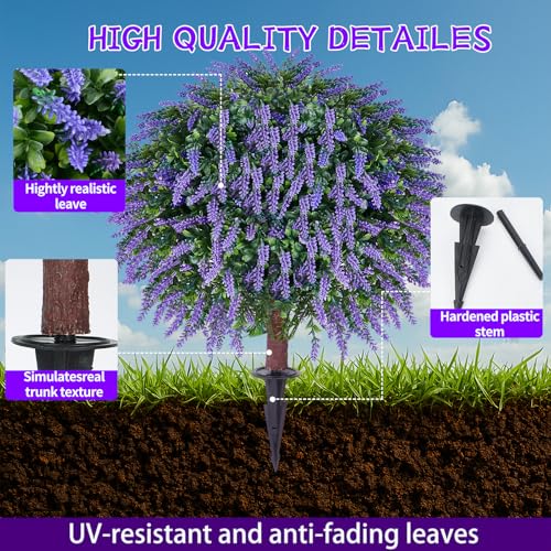 24-Inch Artificial Lavender Topiary Ball Tree Set - UV Resistant Faux Plant