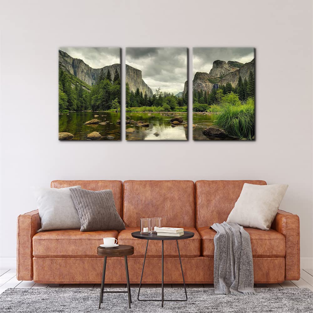 Yosemite National Park Canvas Wall Art Decor 3 Pieces Landscape Wall Art Clear Water Lake Mountain Pictures Painting Prints on Canvas Modern Decoration Stretched Framed Ready to Hang - 16"x24"x3 Panel