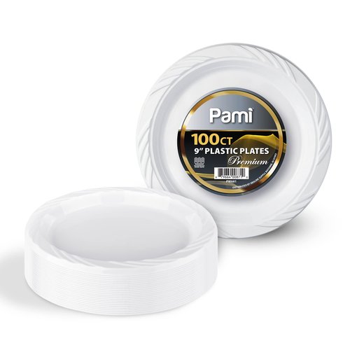PAMI Heavy-Duty Disposable Plastic Dinnerware for Parties, Elegant Design, Microwave & Freezer Safe (9 Inch Plates 100 White)