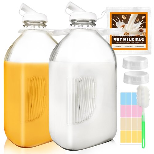 2 Pack 64 Oz Glass Milk Bottles with Nut Milk Bag & 2 Pour Spout & 2 Airtight Lids & Brush- 1/2 Gallon Heavy Duty Jug Pitcher Large Reusable Container for Milk, Juice, Water, Coffee for Refrigerator