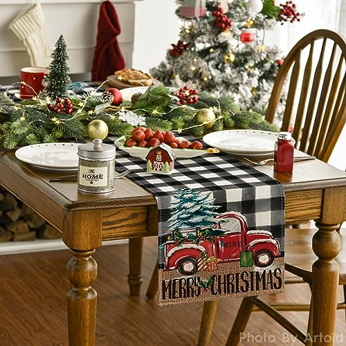 Artoid Mode Truck Tree Christmas Table Runner 13x90 Inch Black/White
