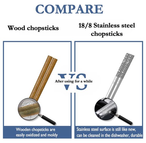 Metal Chopsticks 6 Pairs Stainless Steel Reusable Chopsticks Cute Laser Engraved Non-slip Korean Japanese ,18/8 Stainless steel Dishwasher Safe for Cooking Eating 9 1/4 Inches 6 Pairs
