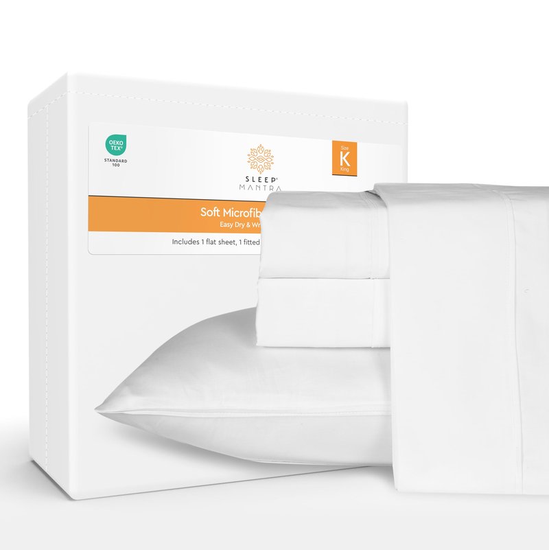Sleep Mantra King Size Sheets Set - Includes 1 Flat & 1 Fitted Sheets & 2 Pillowcases - Breathable, Soft - Wrinkle Free & Machine Washable - Cooling Sheets King Size Bed - White, Set of 4
