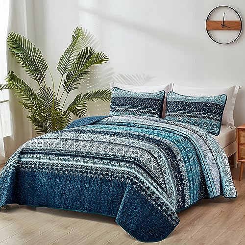 Boho King Quilt Bedding Set - 3 Piece Soft Bedspread, Blue