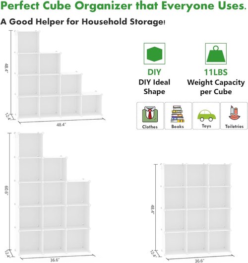 C&AHOME Cube Storage Organizer - 12-Cube Shelves for Bedroom, Living Room & Office | 36.6" L x 12.4" W x 48.4" H