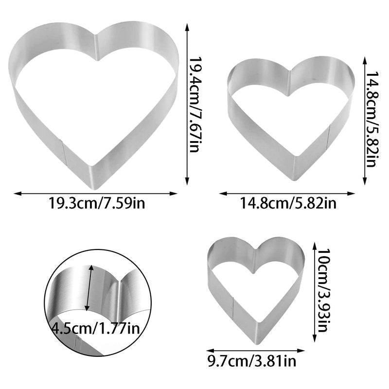 QEEYON 3PCS Heart Cookie Cutter Set, 4" 6" 8" Stainless Steel Sandwiches Cutter DIY Heart Cake Cutter Cake Molds Ring Set Mousse Mold Biscuit Cutter Valentines Cookie Cutters Pastry Cutters