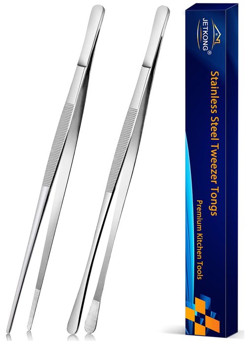 JETKONG 2 Pcs 12-Inch Cooking Tweezers Stainless Steel, Straight Food Tweezers, Professional Kitchen Tweezer/Forceps for Cooking Repairing and BBQ (12-Inch, Silver)