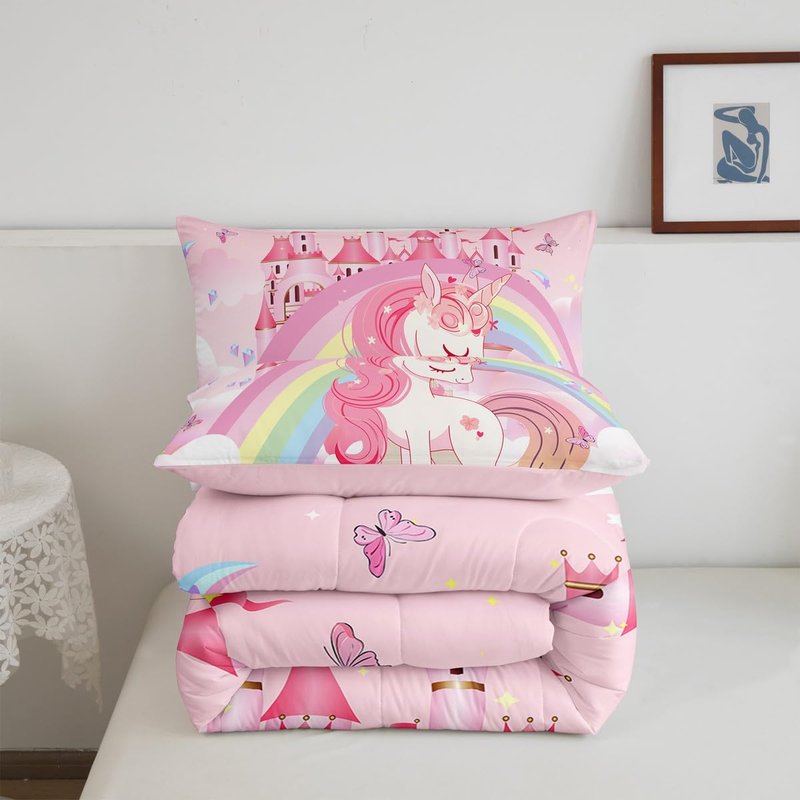 Erosebridal Unicorn Queen Comforter Set for Girls Kids Rainbow Princess Pink Unicorn Bedding Set Teens Adult Kawaii Cute Castle Stars Bed Sets Cartoon Horse Reversible Quilt Fantasy Girls Room Decor