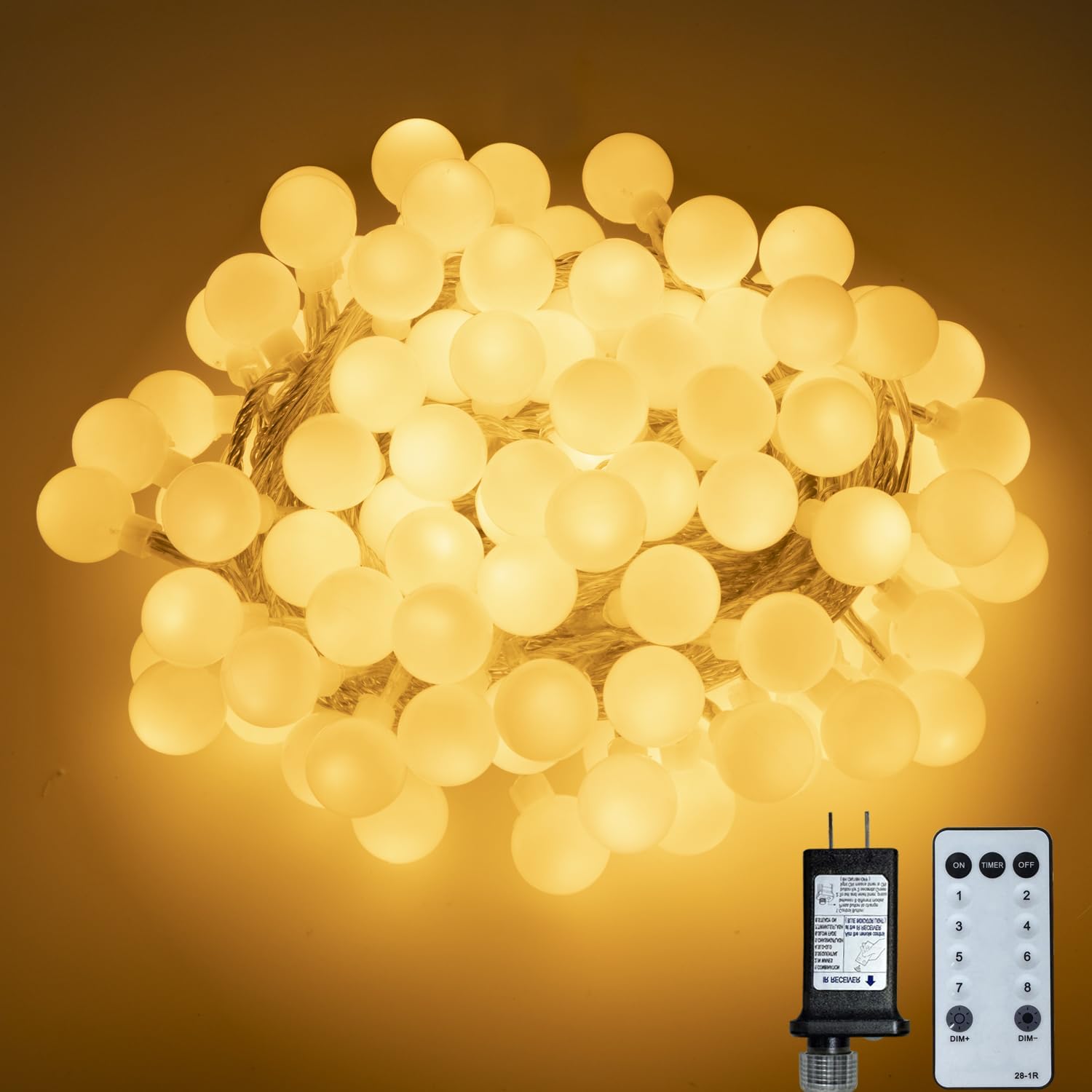 Ogrmar 49 ft 100 LED Globe Ball String Lights - 8 Modes with Remote & Timer for Indoor/Outdoor Decor | Warm White