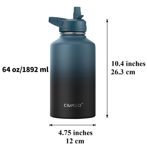 CIVAGO 64 oz Insulated Water Bottle With Straw, Half Gallon Stainless Steel Sports Water Flask Jug with 3 Lids (Straw, Spout and Handle Lid), Large Metal Thermal Cup Mug, Army Green