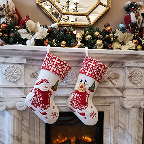 Wewill 17-Inch Classic Christmas Stockings Set of 2 Elk and Snowman, Velvet Holiday Decor with Silver Embellishments - Style 4