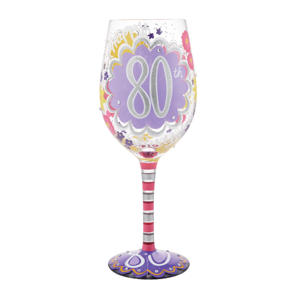 Enesco Lolita Happy 80th Birthday Hand-Painted Artisan Wine Glass, 15 Ounce, Multicolor