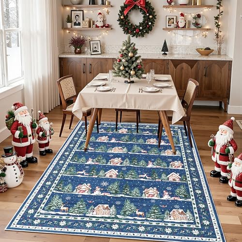 GarveeHome Blue 5' x 7' Christmas Area Rug - Machine Washable, Non-Slip Backing