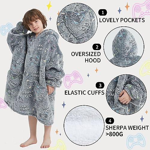 Kids Wearable Blanket Hoodie Oversized Sherpa Sleepwear for Boys Girls Teens 6-13YR, Glow in The Dark Game Controller Design - Mewkou