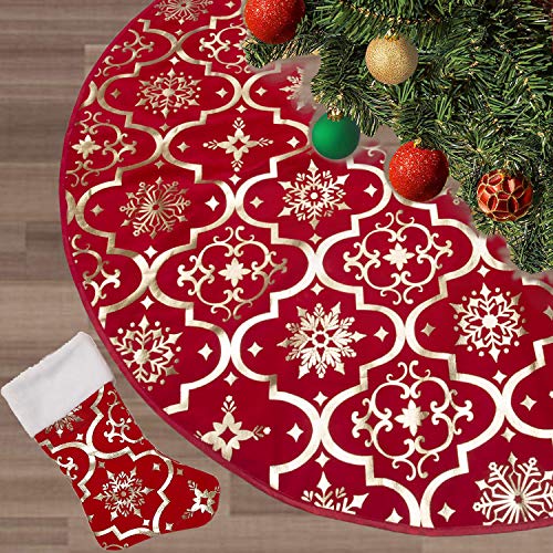 48-Inch Snowflake Christmas Tree Skirt - Soft Red Farmhouse Holiday Mat