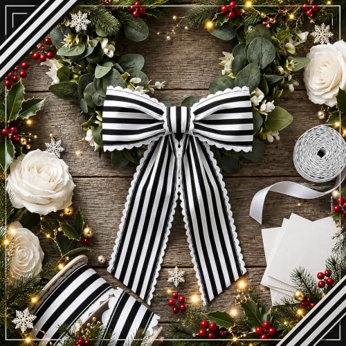 Black and White Striped Wreath Sash 2-Piece Set for Front Door Holiday Decor