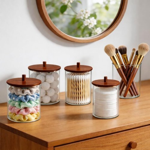 Glass Qtip Holder Dispenser Set | 15oz & 10oz Cotton Swab Storage with Acacia Wooden Lids