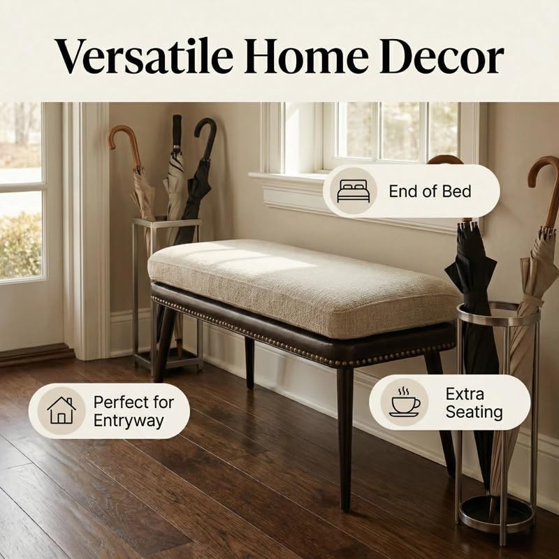 32" Retro Upholstered Entryway Bench with Removable Linen Cushion
