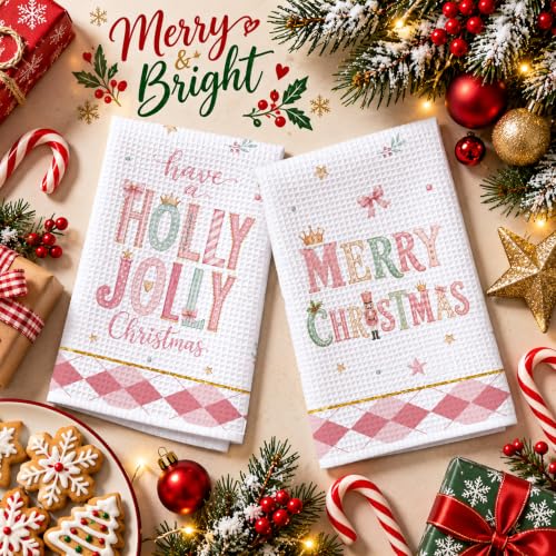 Dainty Pink Holly Jolly Christmas Kitchen Towels Set of 2 - Holiday Farmhouse Decor