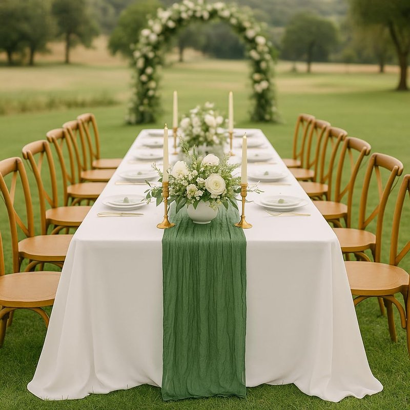 Eternal Beauty 6 Pack Sage Green Cheesecloth Table Runners - 35x120 in - 10FT Gauze Fabric Boho Table Decor - Rustic Sheer Wedding Runner for Baby Shower, Birthday Party & Special Events