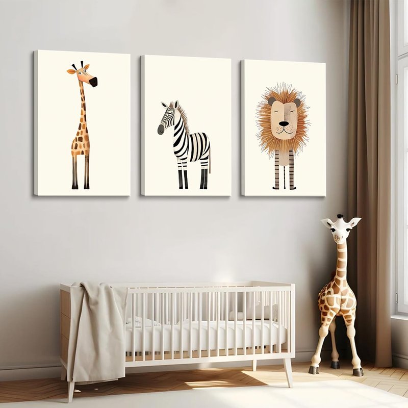 Safari Nursery Wall Art Baby Animal Canvas Wall Decor Cute Giraffe Lion Zebra Jungle Pictures Prints Posters for Baby Boy Girl Children's Room Bedroom Home Decorations 16x24inx3 Framed