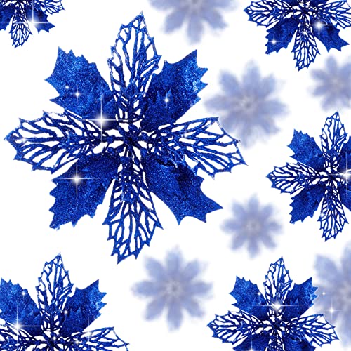 Wironlst 16Pcs Glitter Poinsettia Flowers Blue - Christmas Tree Wreath Decorations