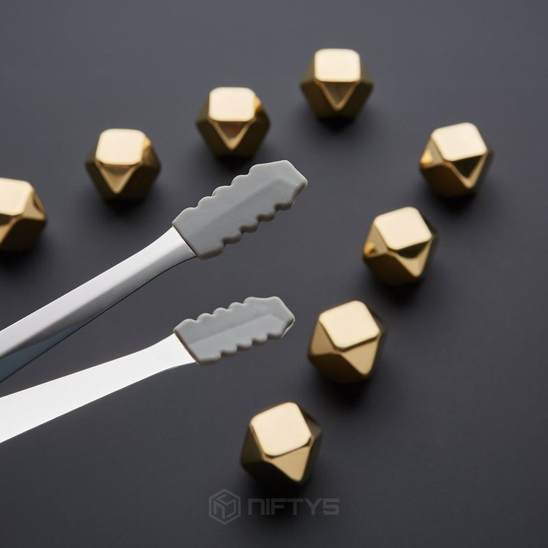 Whiskey Stones Gold Edition Gift Set of 8 Stainless Steel Diamond Shaped Metal Ice Cubes, Reusable Chilling Rocks Including Silicone Tip Tongs and Storage Tray