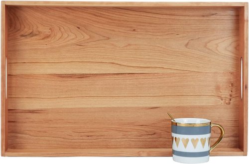 Cherry Wood Ottoman Tray - Large 22 x 14 Inches with Handles for Serving Tea, Coffee, or Breakfast
