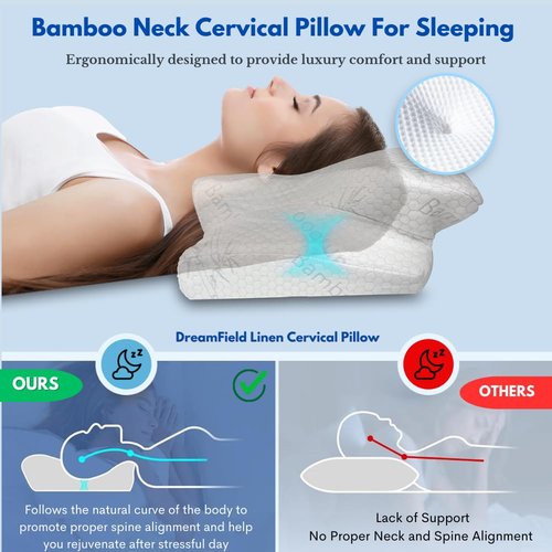 Bamboo Rayon Cervical Neck Pillow for Neck Pain Relief - Memory Foam Ergonomic Pillow for Sleeping, Adjustable Orthopedic Contour Neck & Shoulder Support Cooling Pillow - Back and Side Sleepers
