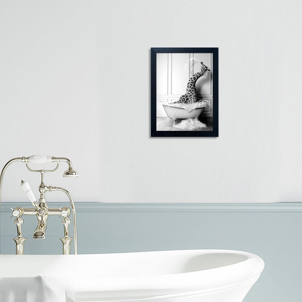 Skiennix Black and White Giraffe in Bathtub Canvas Print - Funny Animal Wall Art for Kids' Bathroom Decor