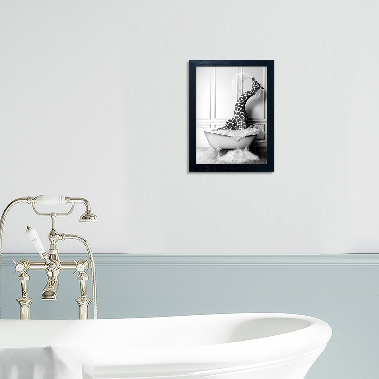 Regine Switzerland Funny Giraffe in Bathtub Wall Art - Framed Canvas Bathroom Decor | Black & White Farmhouse Style