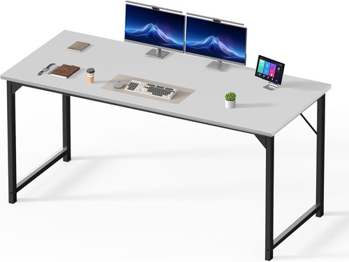 DUMOS 63-Inch Computer Desk - Modern Home Office Work Table with Triangular Reinforcement | White Wood Finish