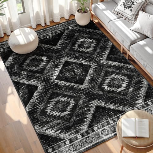 5x7 Washable Area Rug, Non-Slip Soft Faux Wool Western Tribal Floor Carpet