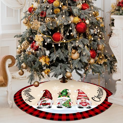 48-Inch Buffalo Plaid Christmas Tree Skirt with Gnome Decorations