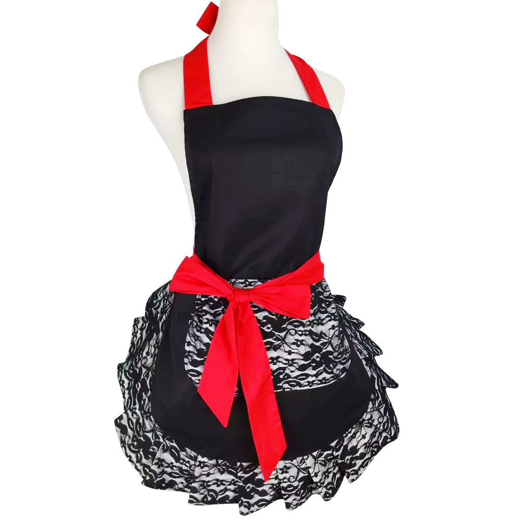 Floosum Black Lace Flirty Apron with Pocket, Fun Retro Sexy Cooking Pinup Aprons for Women Girls