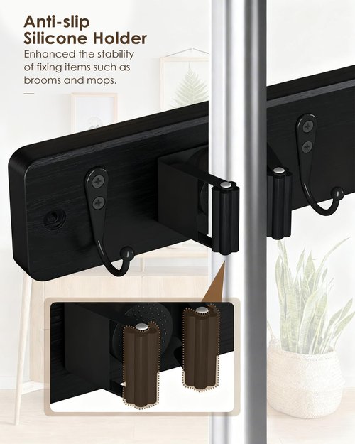 AceMining Broom Holder - Wall Mounted Mop Organizer with 4 Holders & Hooks | Natural Pine Wood