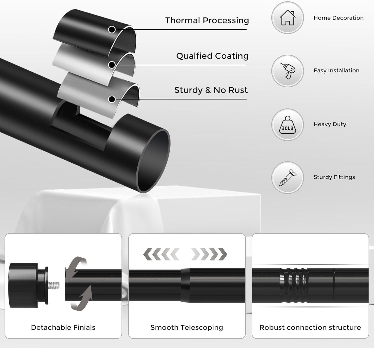 VOIIY Heavy Duty Curtain Rods - Adjustable 66 to 120 Inch, Black 1'' Diameter with Modern End Caps