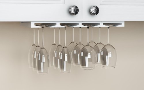Rustic State Eze 4 Sectional Under Cabinet Mount Wood Stemware Rack Hanging Shelf Glassware Holder Bar Organizer with up to 12 Wine Glass Storage 10 Inch Deep White
