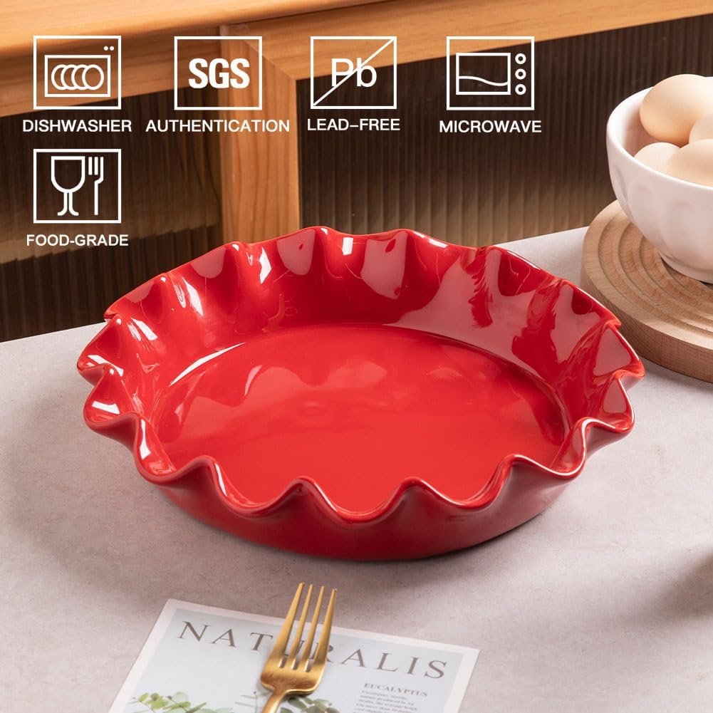 Sweejar Ceramic Pie Pan - 11.5 Inches Deep Fluted Porcelain Dish | Non-Stick Red Design for Baking Pies