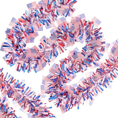 50ft Patriotic Tinsel Garland with American Flags - Red White & Blue Decor