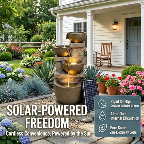 Solar Garden Water Fountain 4-Tier Resin Outdoor Waterfall with LED Lights