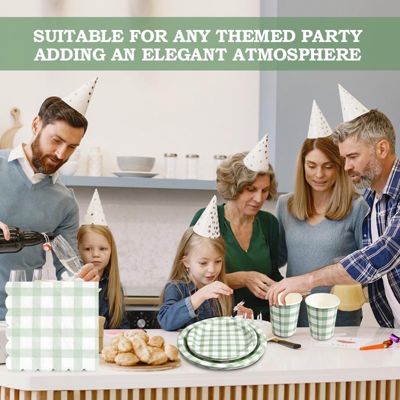 168Pcs Gingham Party Supplies for 24 Guests Thick Paper Plates and Napkins Knives Spoons Forks Cups Disposable Party Set Cutlery for Dinner Baby Shower Wedding Favor(Sage Green)