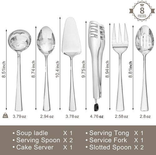 KINGSTONE 8-Piece Serving Utensils Set - Premium 18/10 Stainless Steel for Buffets & Parties