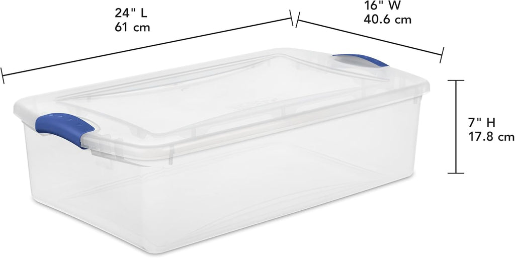 Sterilite 32 Quart Clear Plastic Storage Bins - Stackable Underbed Containers with Lids & Blue Latches