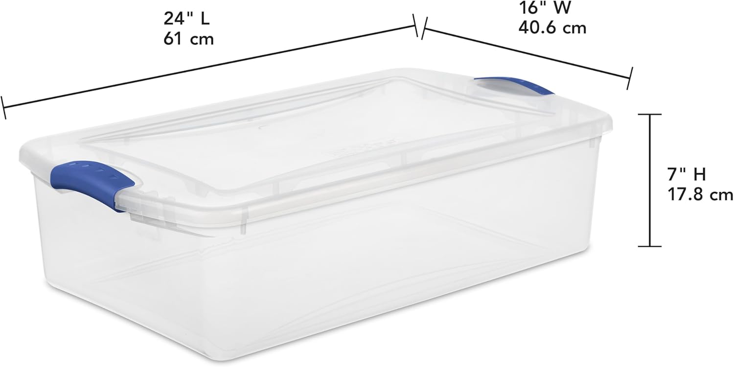 Sterilite 32 Quart Clear Plastic Storage Bins - Stackable Underbed Containers with Lids & Blue Latches
