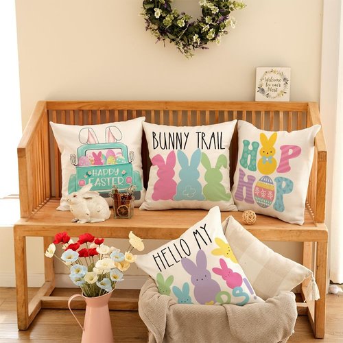 GEEORY Easter Pillow Covers 18x18 Set of 4 Easter Decorations for Home Bunny Truck Hello Peeps Hip Hop Decorative Throw Pillows Spring Easter Farmhouse Decor