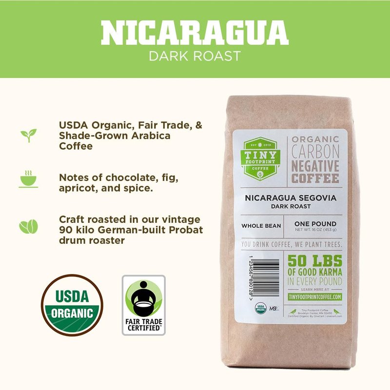 Tiny Footprint Coffee - Fair Trade Organic Nicaragua Segovia Dark Roast |Whole Bean Coffee | USDA Organic | Fair Trade Certified | Carbon Negative | 16 Ounce